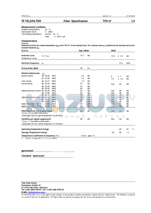 TFS37 datasheet - Filter Specification