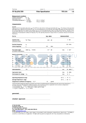 TFS370 datasheet - Filter Specification