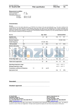 TFS374A datasheet - Filter specification