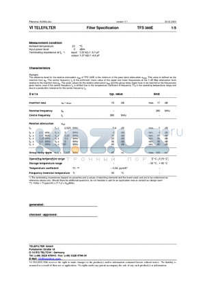 TFS380E datasheet - Filter Specification