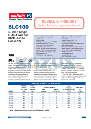 SLC100-1 datasheet - 40 Amp Single Output Quarter Brick DC/DC Converter