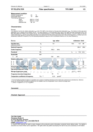 TFS380P datasheet - Filter specification