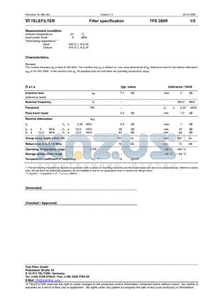 TFS380R datasheet - Filter specification