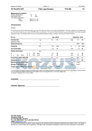 TFS395 datasheet - Filter specification