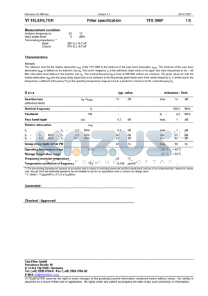 TFS398F datasheet - Filter specification