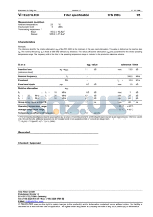 TFS398G datasheet - Filter specification