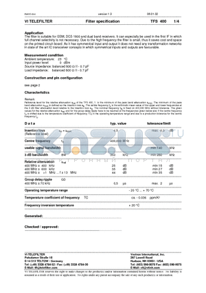 TFS400 datasheet - Filter specification