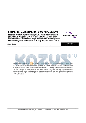 S71PL129JA0 datasheet - Stacked Multi-Chip Product (MCP) Flash Memory and pSRAM 128 Megabit (8M x 16-bit) CMOS3.0 Volt-only Simultaneous Operation, Page Mode Flash Memory