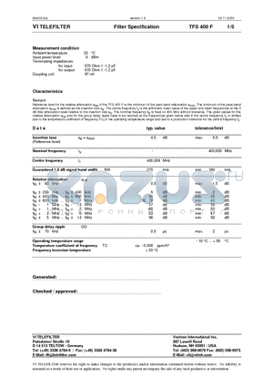 TFS400F datasheet - Filter Specification