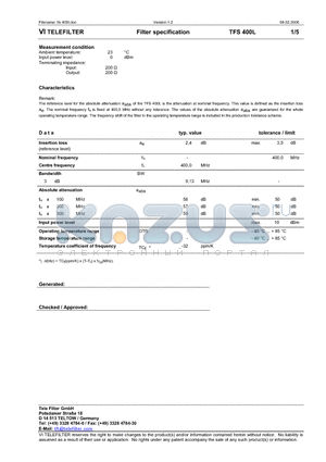 TFS400L datasheet - Filter specification