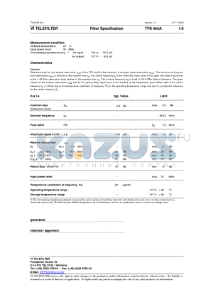 TFS403A datasheet - Filter Specification