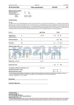 TFS403_06 datasheet - Filter specification