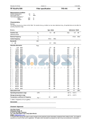 TFS416 datasheet - Filter specification