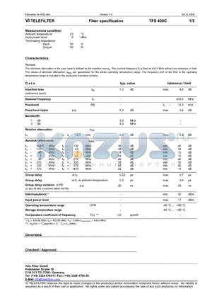 TFS430C datasheet - Filter specification