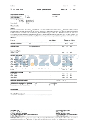 TFS426 datasheet - Filter specfication