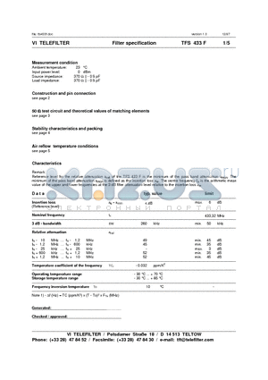 TFS433F datasheet - Filter specification