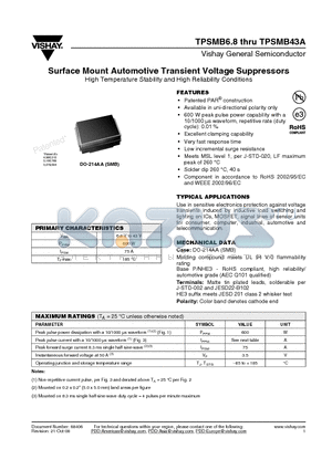 TPSMB6.8AHE3/52T datasheet - Surface Mount Automotive Transient Voltage Suppressors High Temperature Stability and High Reliability Conditions