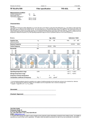 TFS433L datasheet - Filter specification