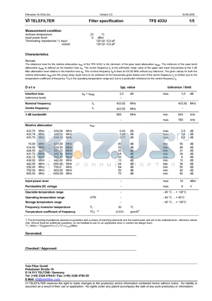 TFS433U datasheet - Filter specification