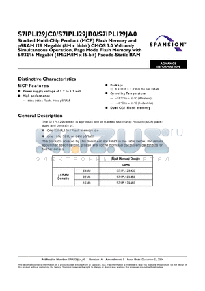 S71PL129JA0BFW9B3 datasheet - Stacked Multi-Chip Product (MCP) Flash Memory