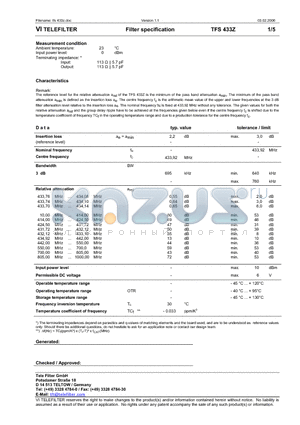 TFS433Z datasheet - Filter specification