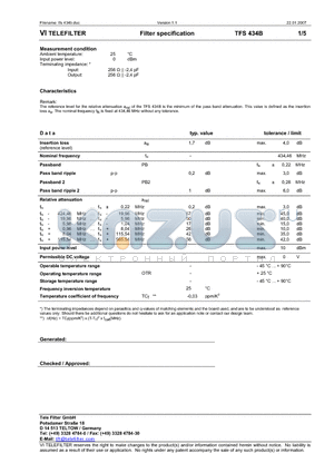 TFS434B datasheet - Filter specification