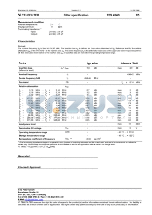 TFS434D datasheet - Filter specification