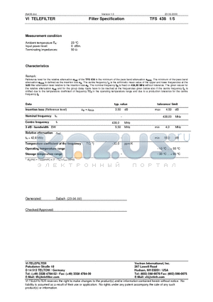 TFS438 datasheet - Filter Specification