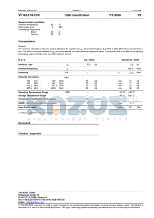 TFS455D datasheet - Filter specification