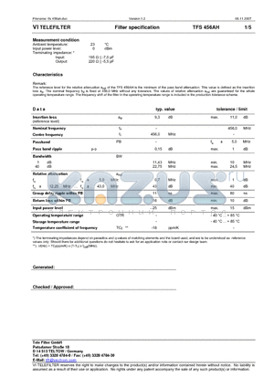 TFS456AH datasheet - Filter specification