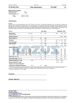 TFS456F datasheet - Filter specification