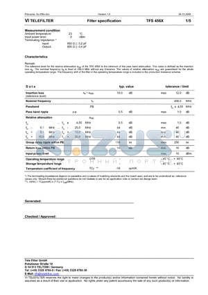 TFS456X datasheet - Filter specification