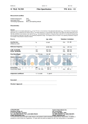 TFS45A datasheet - Filter Specification