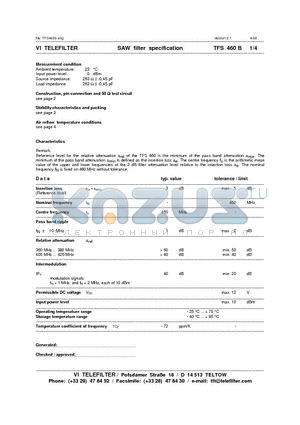 TFS460B datasheet - SAW filter specification