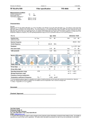 TFS464A datasheet - Filter specification