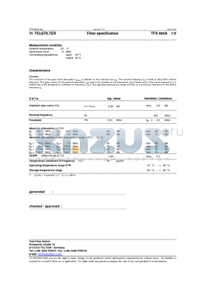 TFS465A datasheet - Filter specification