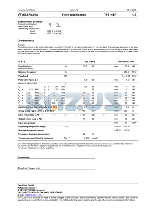 TFS468F datasheet - Filter specification