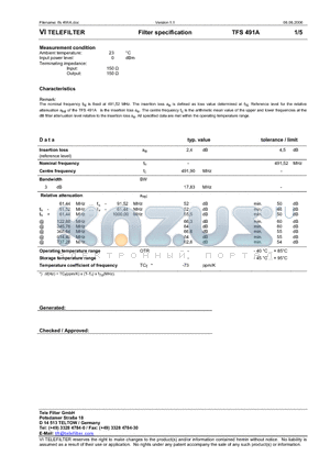 TFS491A datasheet - Filter specification