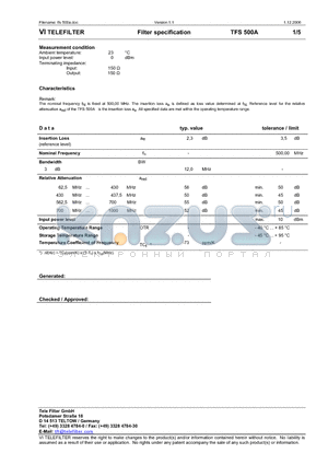 TFS500A datasheet - Filter specification