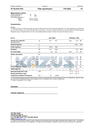 TFS552A datasheet - Filter specification