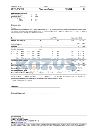 TFS562 datasheet - Filter specification