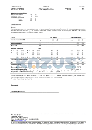 TFS602 datasheet - Filter specification