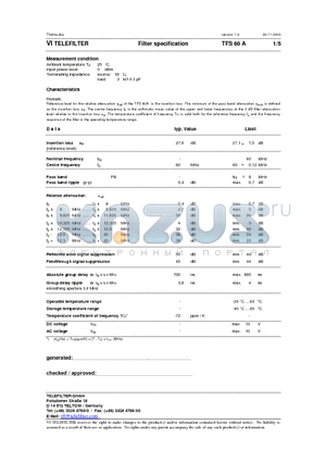 TFS60A datasheet - Filter specification