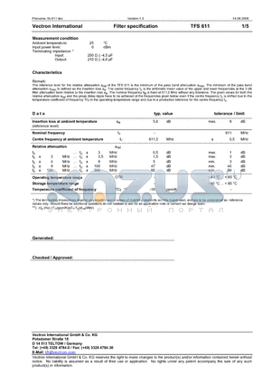 TFS611 datasheet - Filter specification