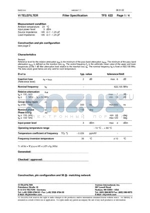 TFS622 datasheet - Filter Specification