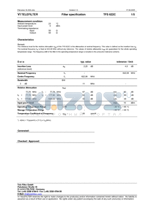 TFS622C datasheet - Filter specification