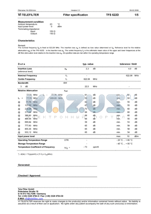 TFS622D datasheet - Filter specification