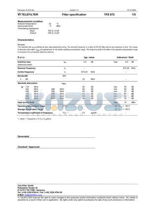 TFS672 datasheet - Filter specification