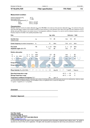 TFS70AC_06 datasheet - Filter specification