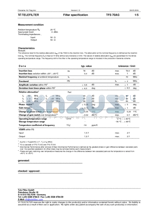 TFS70AG datasheet - Filter specification